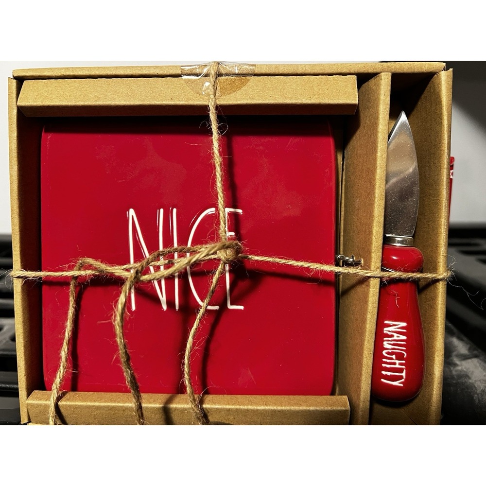 Rae Dunn Christmas Naughty And Nice Cheese Cutting Board And Knife Red Gift Set